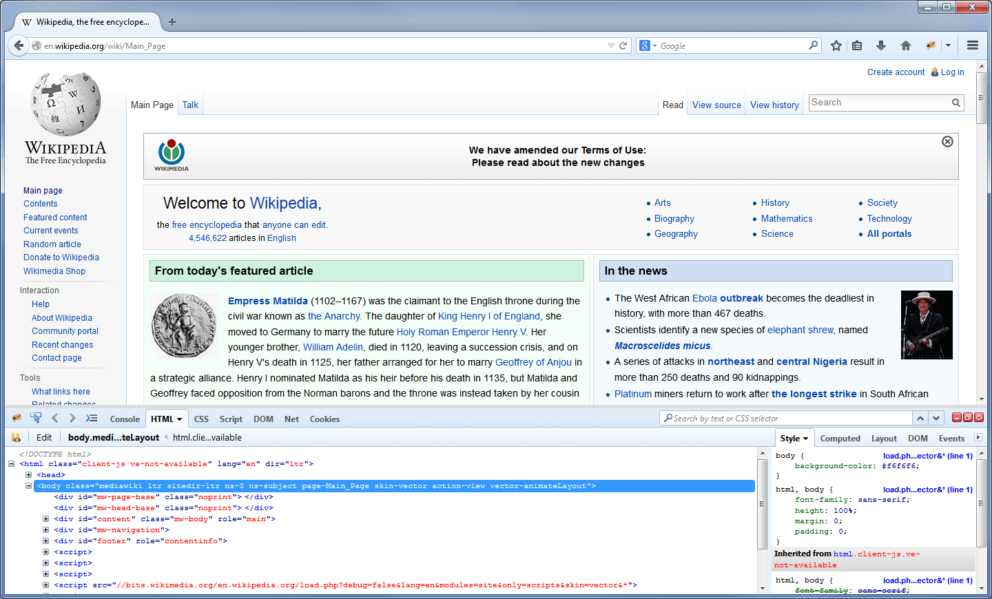 Firefox showing the Wikipedia main page with the Firebug panel docked across the bottom half of the window: an HTML tree with the body element selected and highlighted, and a Style pane beside it listing the matched CSS rules and where each came from.
